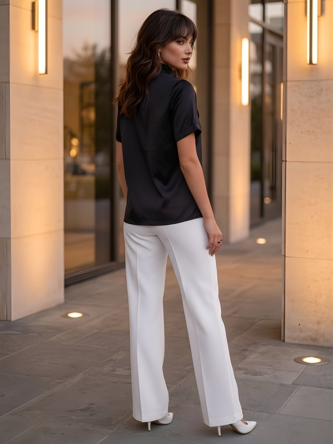 Women's Solid Black Short Sleeve Satin Top