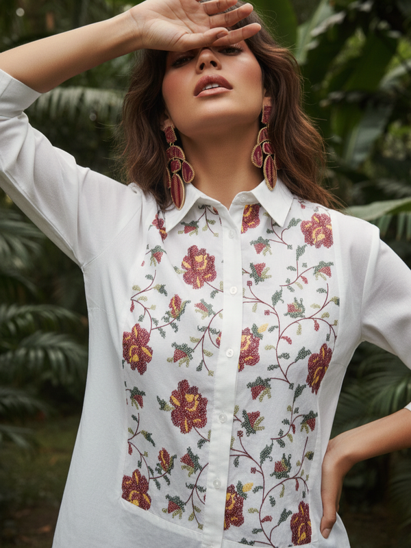 Ivory Bloom Embroidered Cotton Shirt