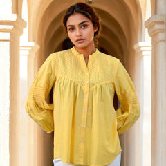 Mustard Embroidered Cotton Top with Closed Neck