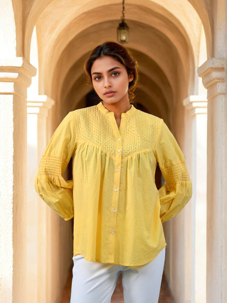 Mustard Embroidered Cotton Top with Closed Neck