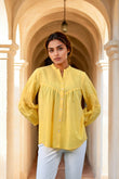 Mustard Embroidered Cotton Top with Closed Neck