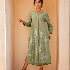 Olive Green Embroidered Shirt Dress