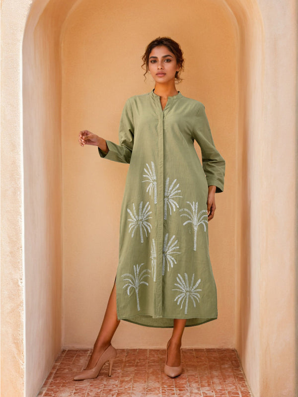 Olive Green Embroidered Shirt Dress
