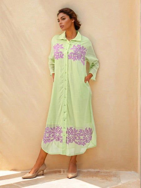 Pista Green Embroidered Shirt Dress
