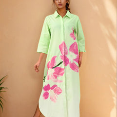 Cosmic Green Handpainted Shirt Cotton Dress