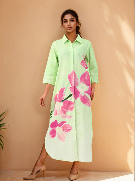 Cosmic Green Handpainted Shirt Cotton Dress