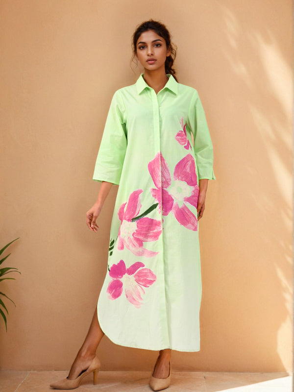 Cosmic Green Handpainted Shirt Cotton Dress