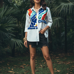 Mosaic Wave Embroidered Cotton Shirt