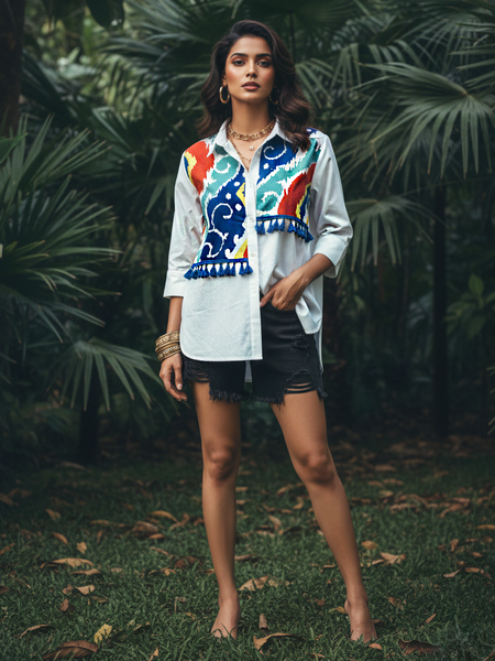 Mosaic Wave Embroidered Cotton Shirt