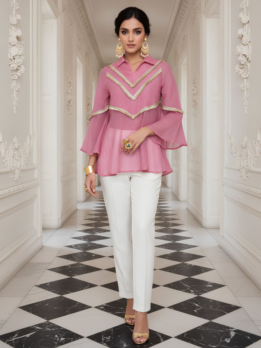 Women's Pink Embroidered Bell Sleeve Peplum Top