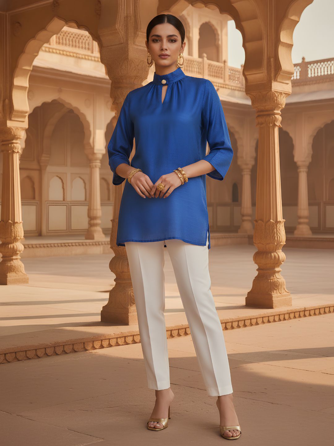 Women's Royal Blue Solid High Neck Longline Top