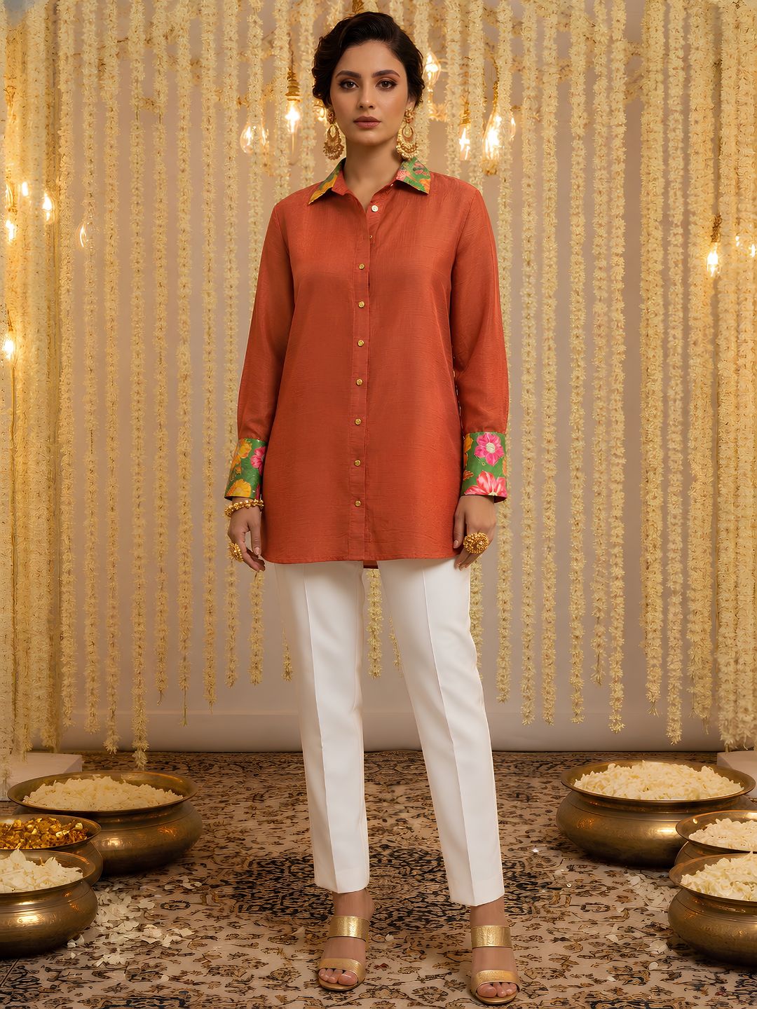 Women's Solid Rust Orange Button-Down Shirt with Printed Collar