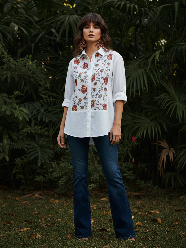 Ivory Bloom Embroidered Cotton Shirt