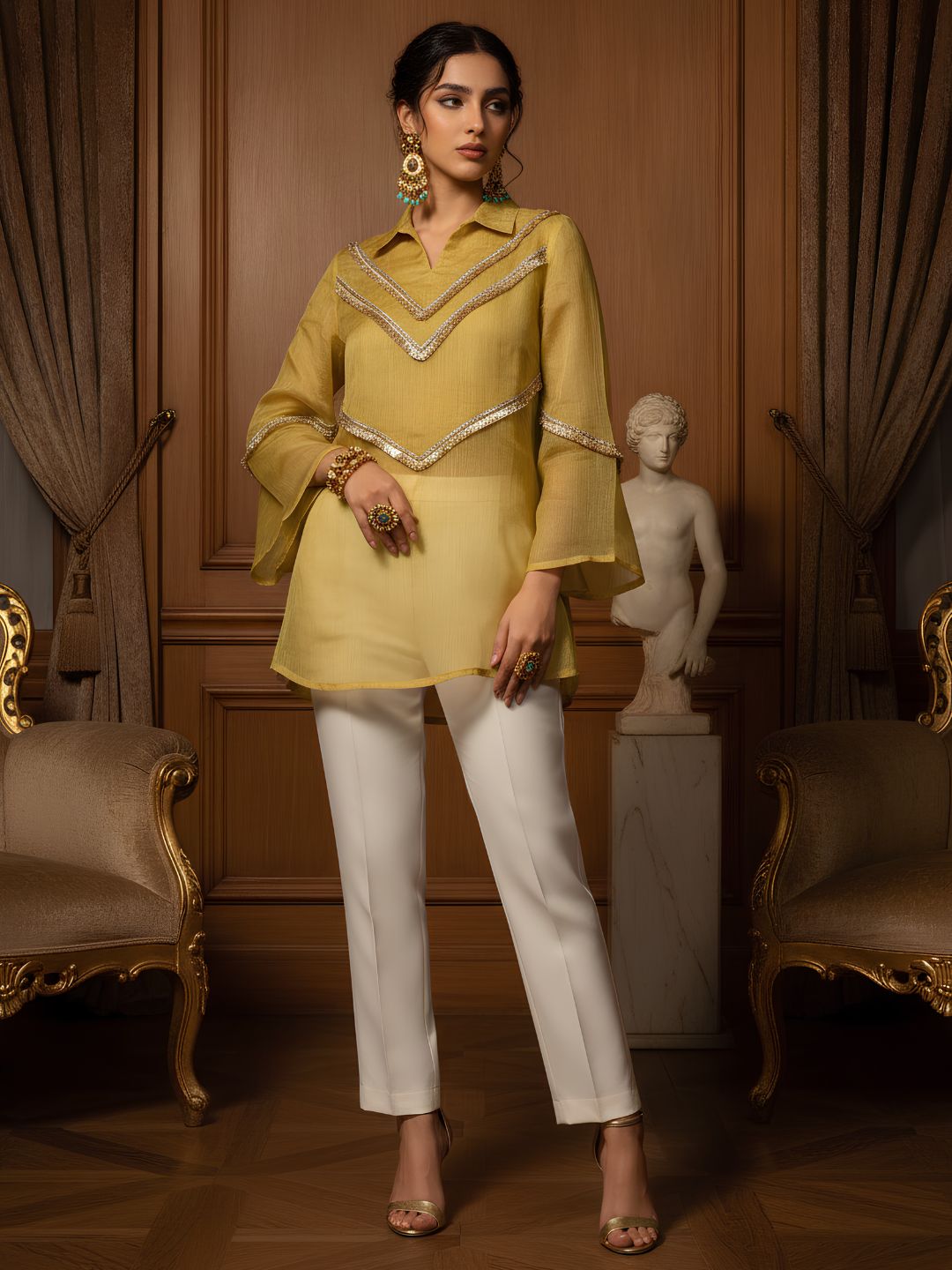 Antique Mustard Chevron Embellished Layered Tunic
