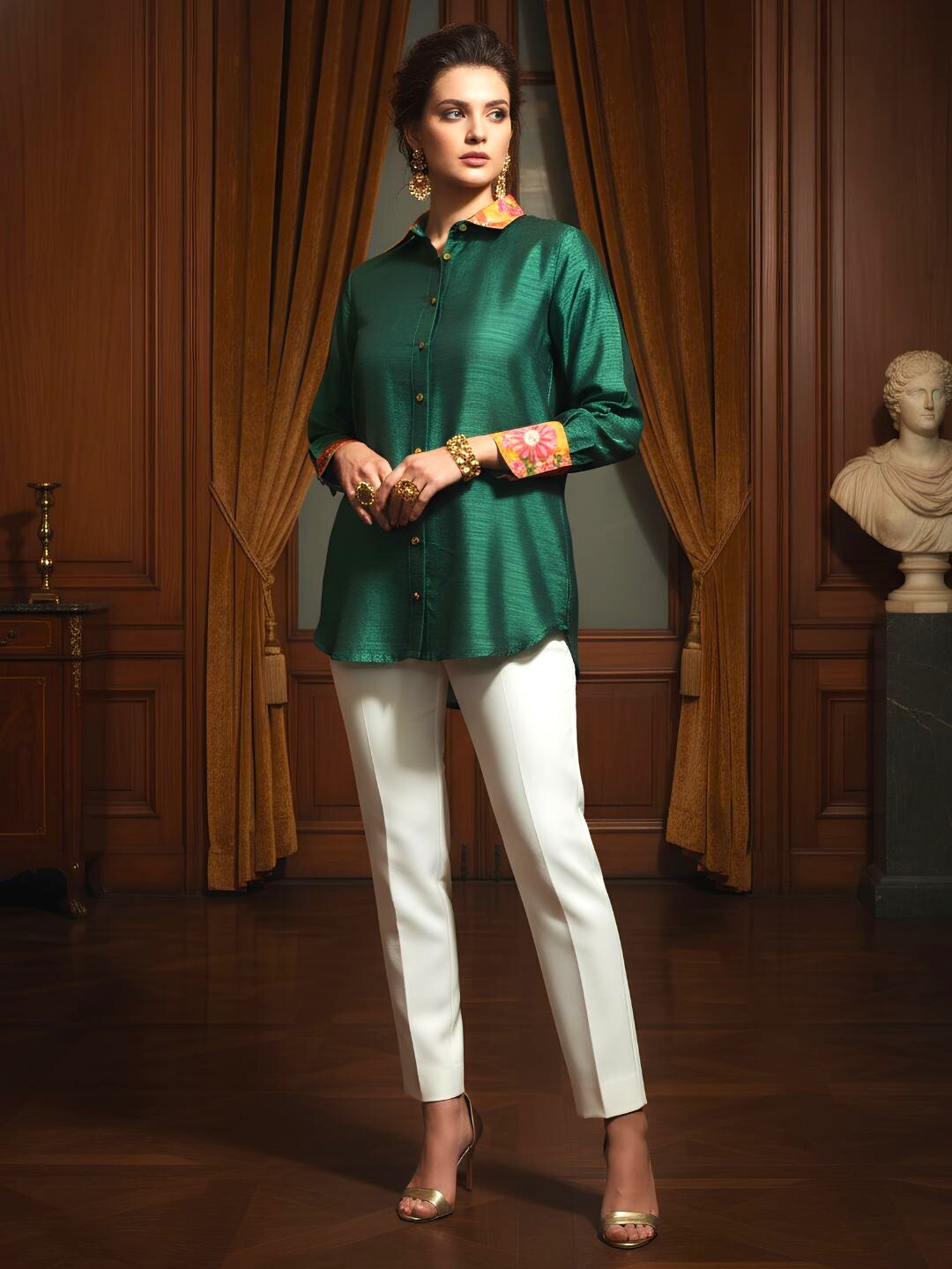 Women's Emerald Green Full Sleeve Shirt with Printed Collar