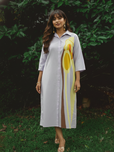 Elegant Printed Cotton Shirt Dress with Collar Neck