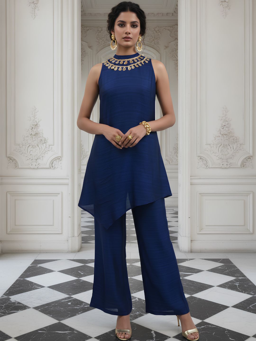 Premium Sleeveless Navy Co-Ord with Statement Neckline
