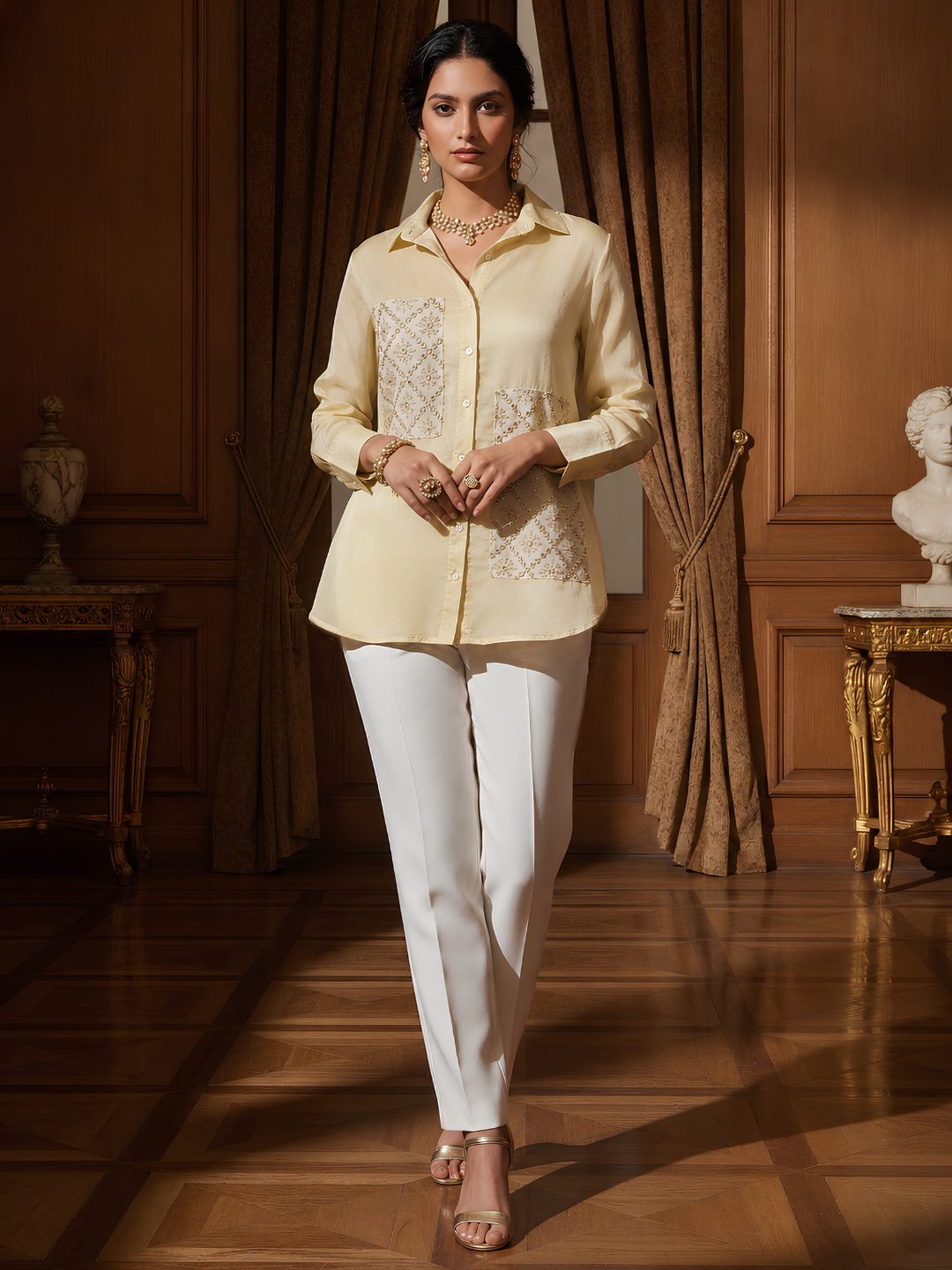 Women's Cream Solid Shirt with Sequin Patch Pockets