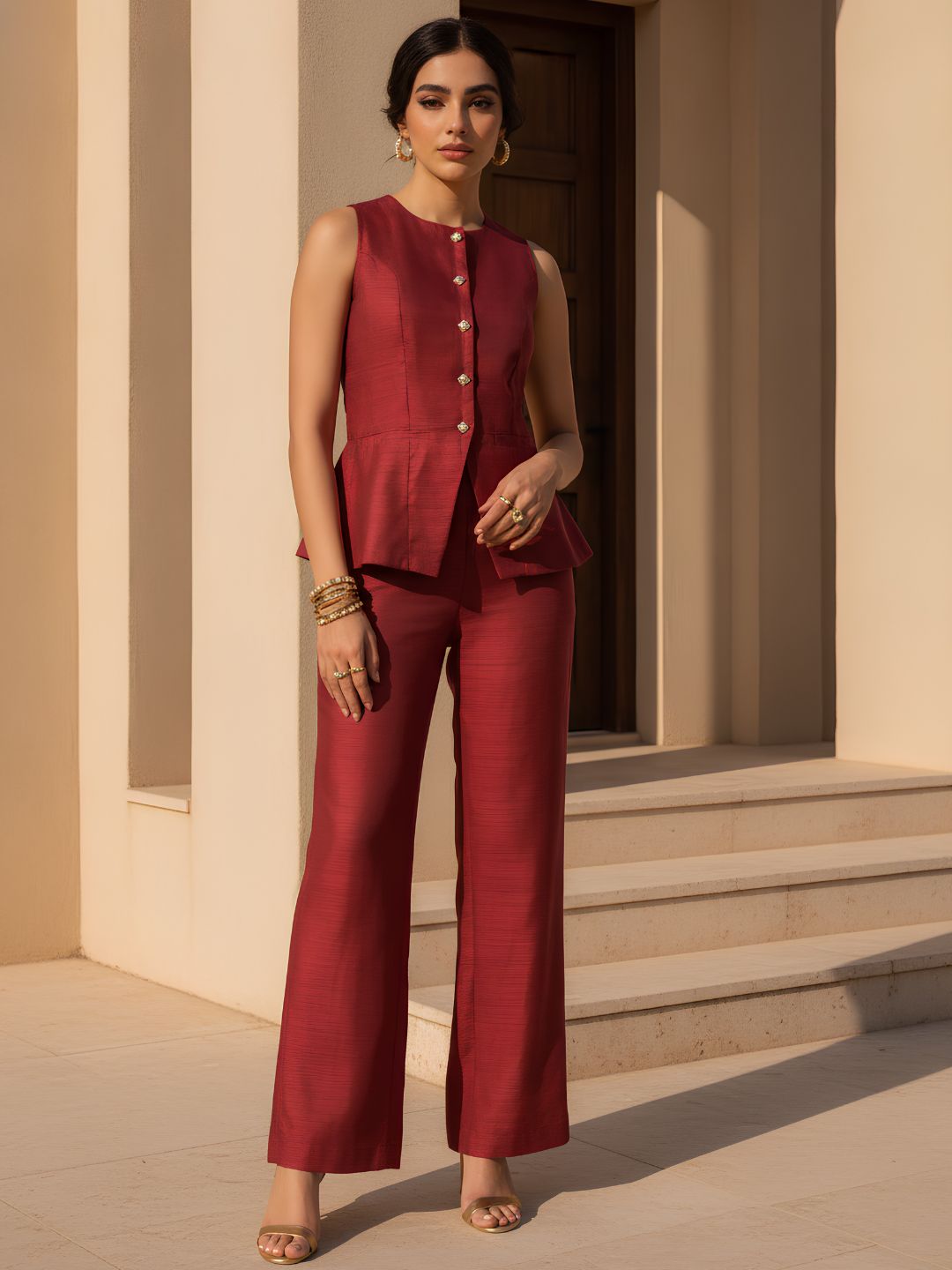 Chic Sleeveless Maroon Co-Ord for Festive Elegance