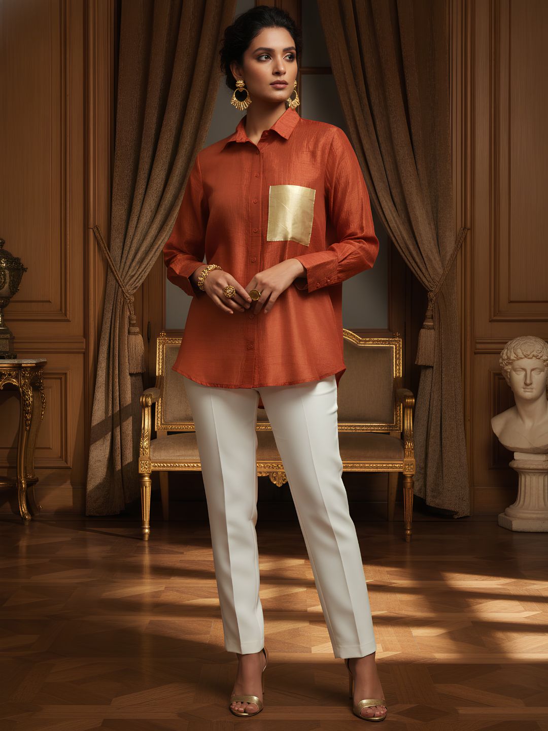 Rust Gold Pocket Premium Satin Casual Shirt