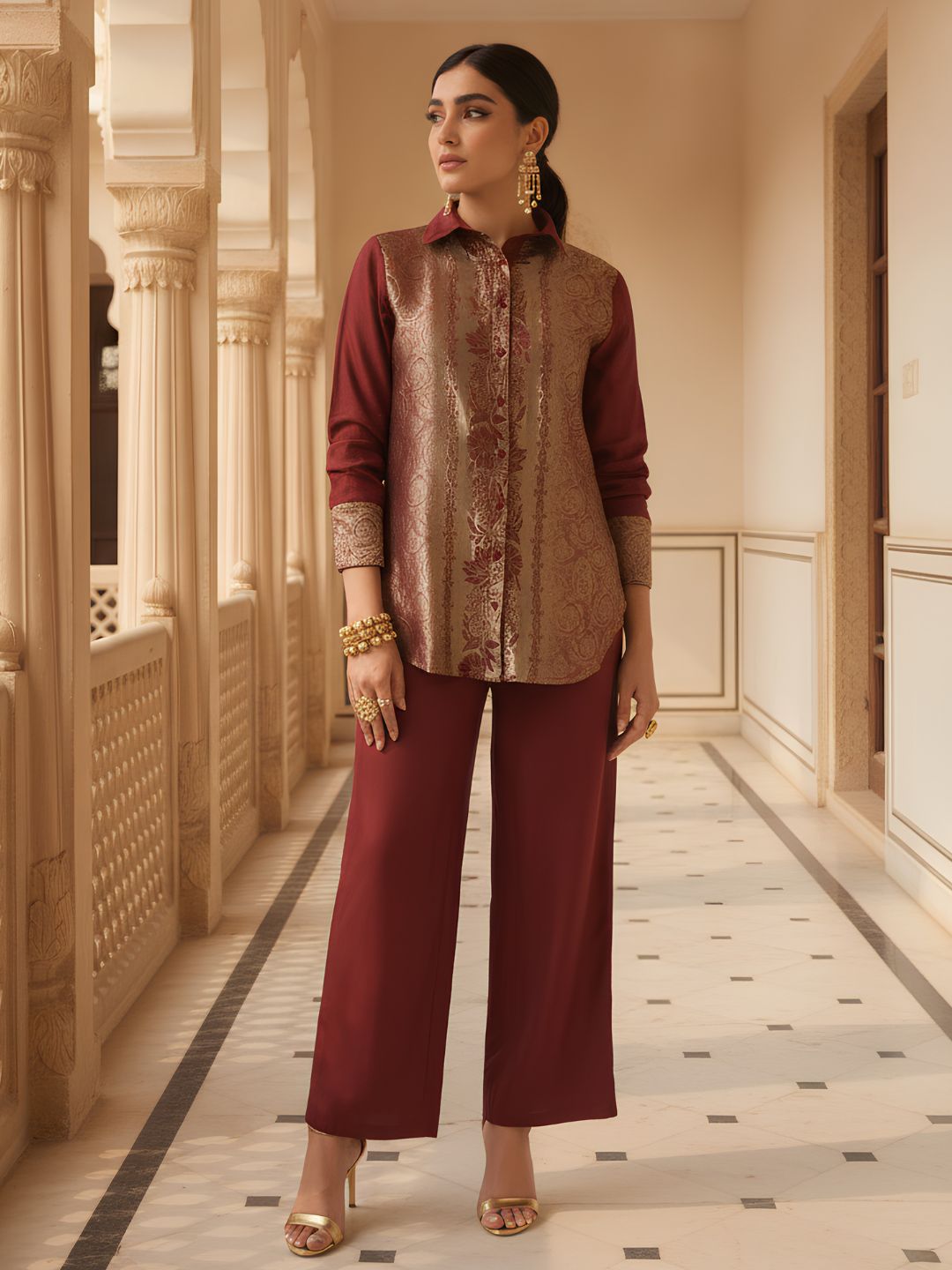 Elegant Maroon Brocade Co-Ord Set for Festive Glamour