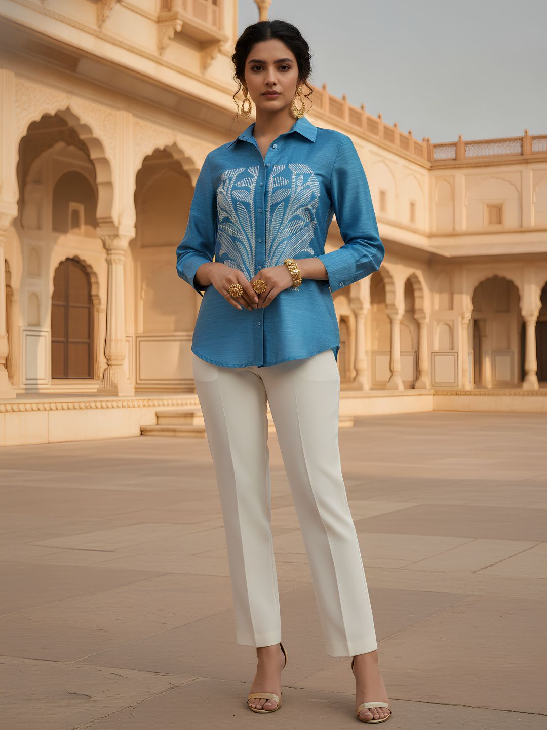 Zolo Label Women Blue Embroidered Shirt Collar Casual Top