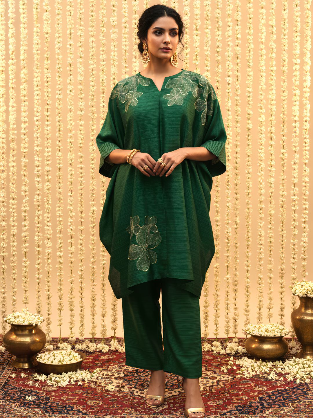 Elegant Emerald Green Embroidered Co-Ord Set for Women