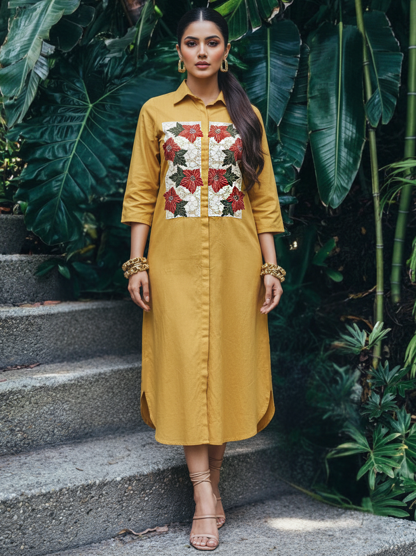 Mustard Yellow Floral Embroidered Cotton Shirt Dress