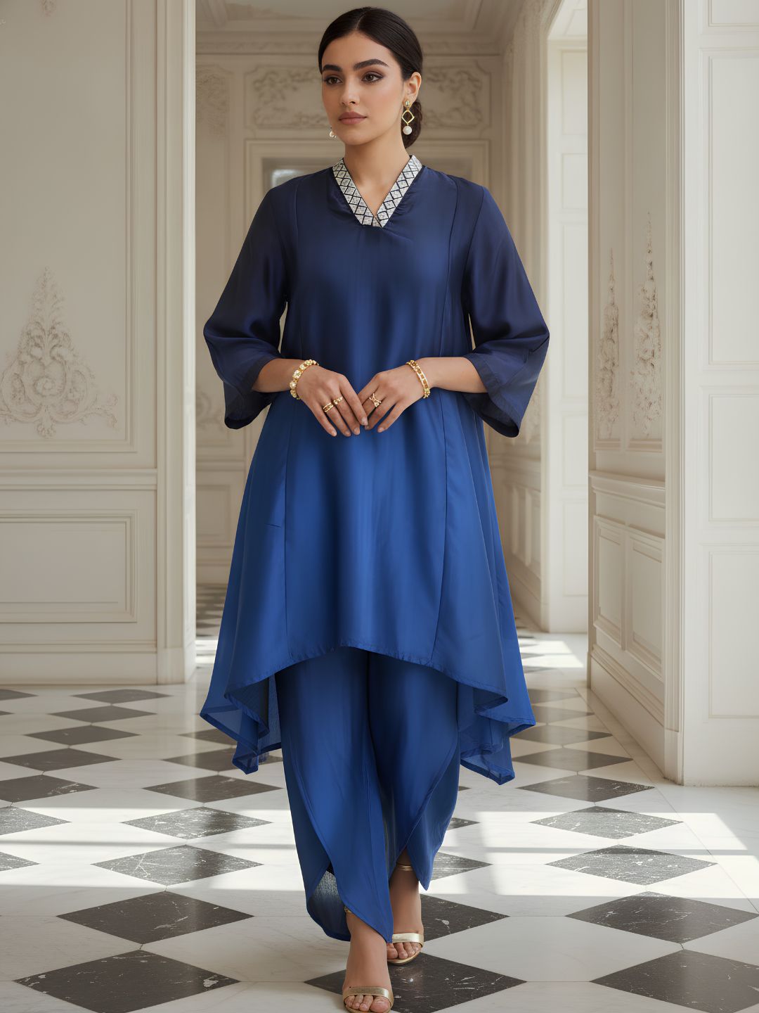 Elegant Royal Blue High-Low Co-Ord Set for Women
