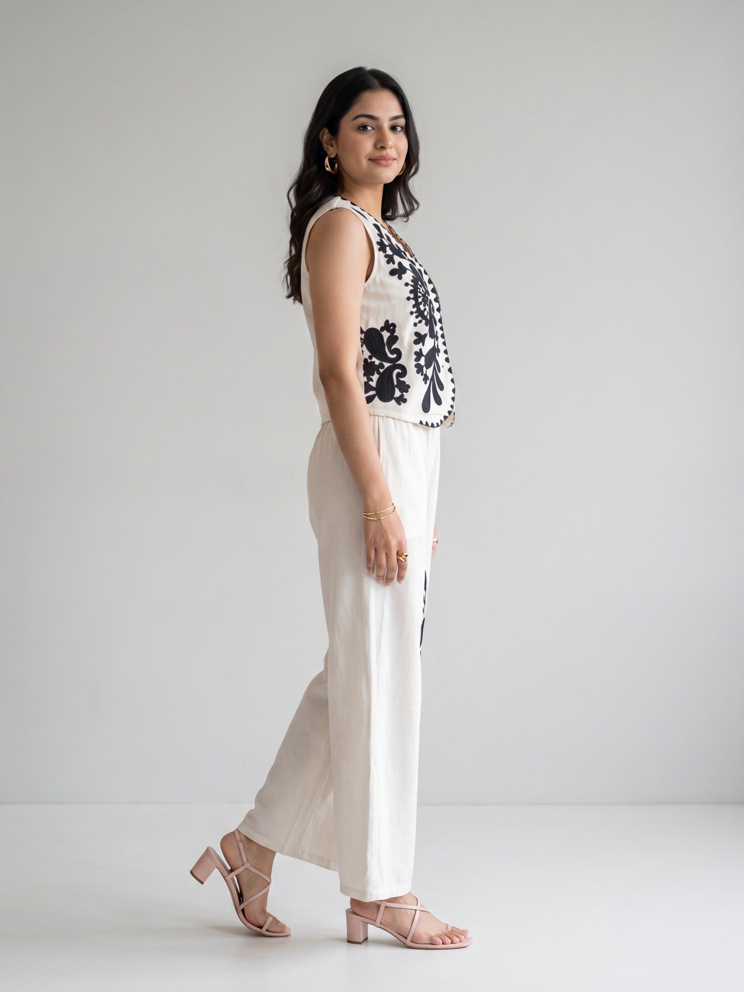 Monochrome Embroidered Waistcoat Wide-Leg Co-ord Set