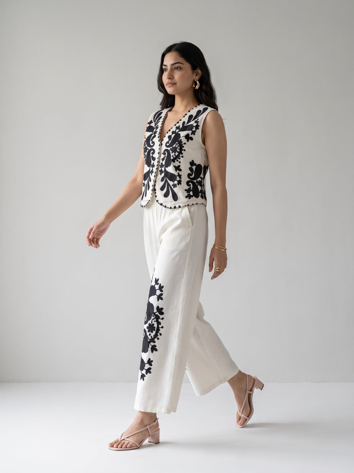 Monochrome Embroidered Waistcoat Wide-Leg Co-ord Set