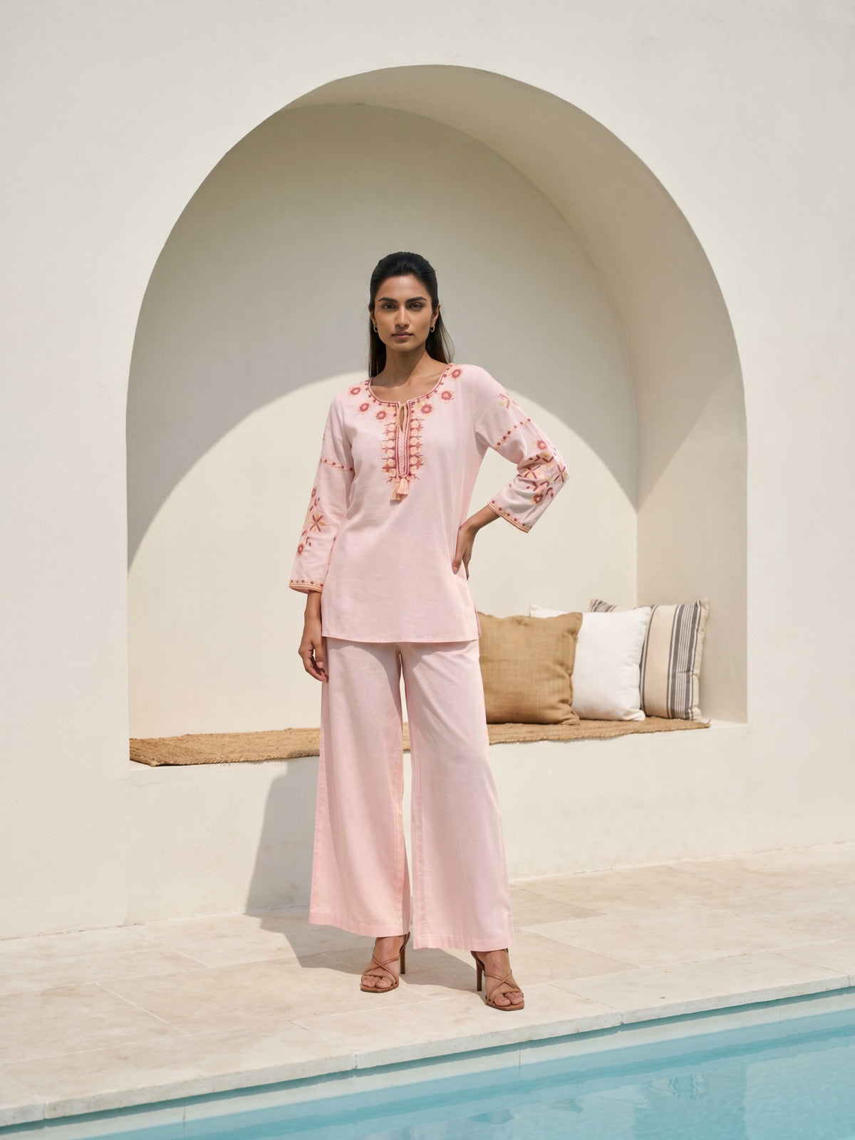 Pastel Pink Embroidered Kurta Palazzo Co-ord Set