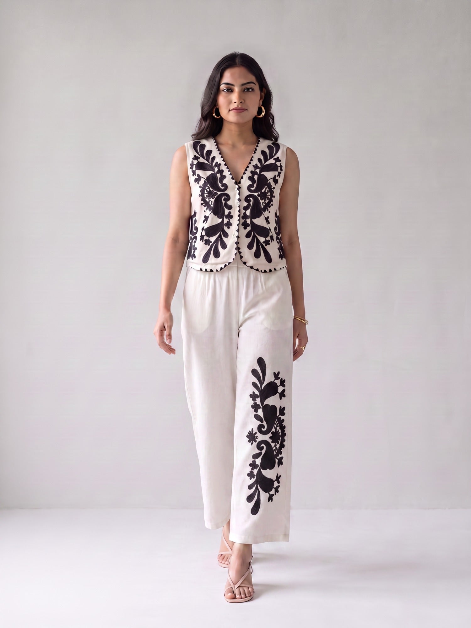 Monochrome Embroidered Waistcoat Wide-Leg Co-ord Set
