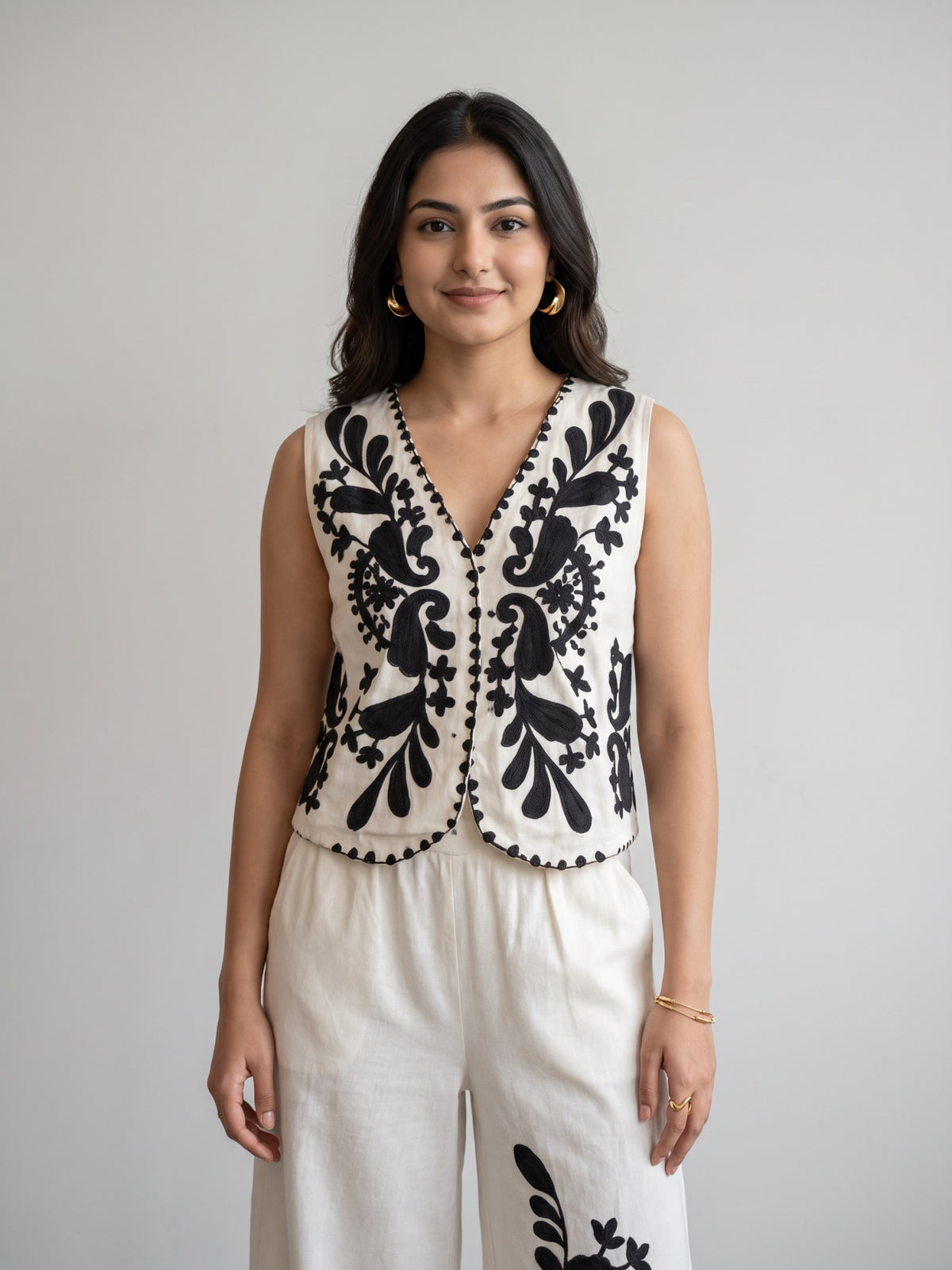 Monochrome Embroidered Waistcoat Wide-Leg Co-ord Set