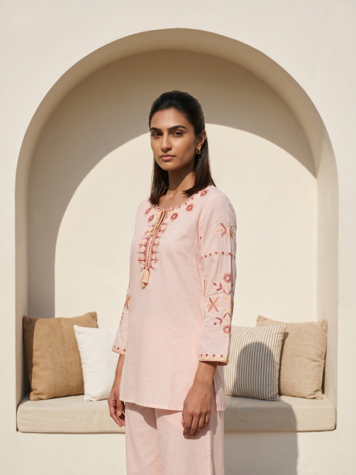 Pastel Pink Embroidered Kurta Palazzo Co-ord Set