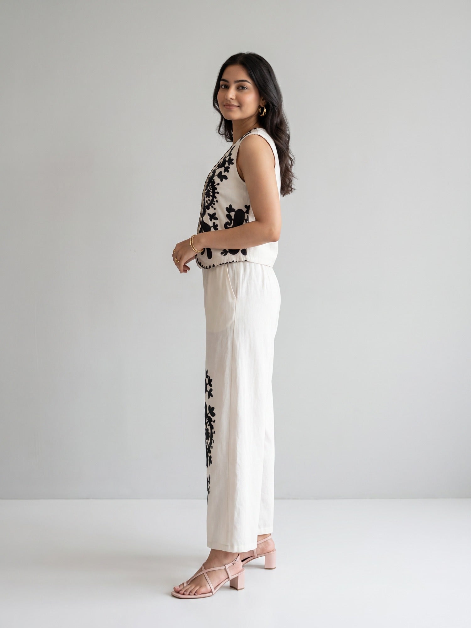 Monochrome Embroidered Waistcoat Wide-Leg Co-ord Set