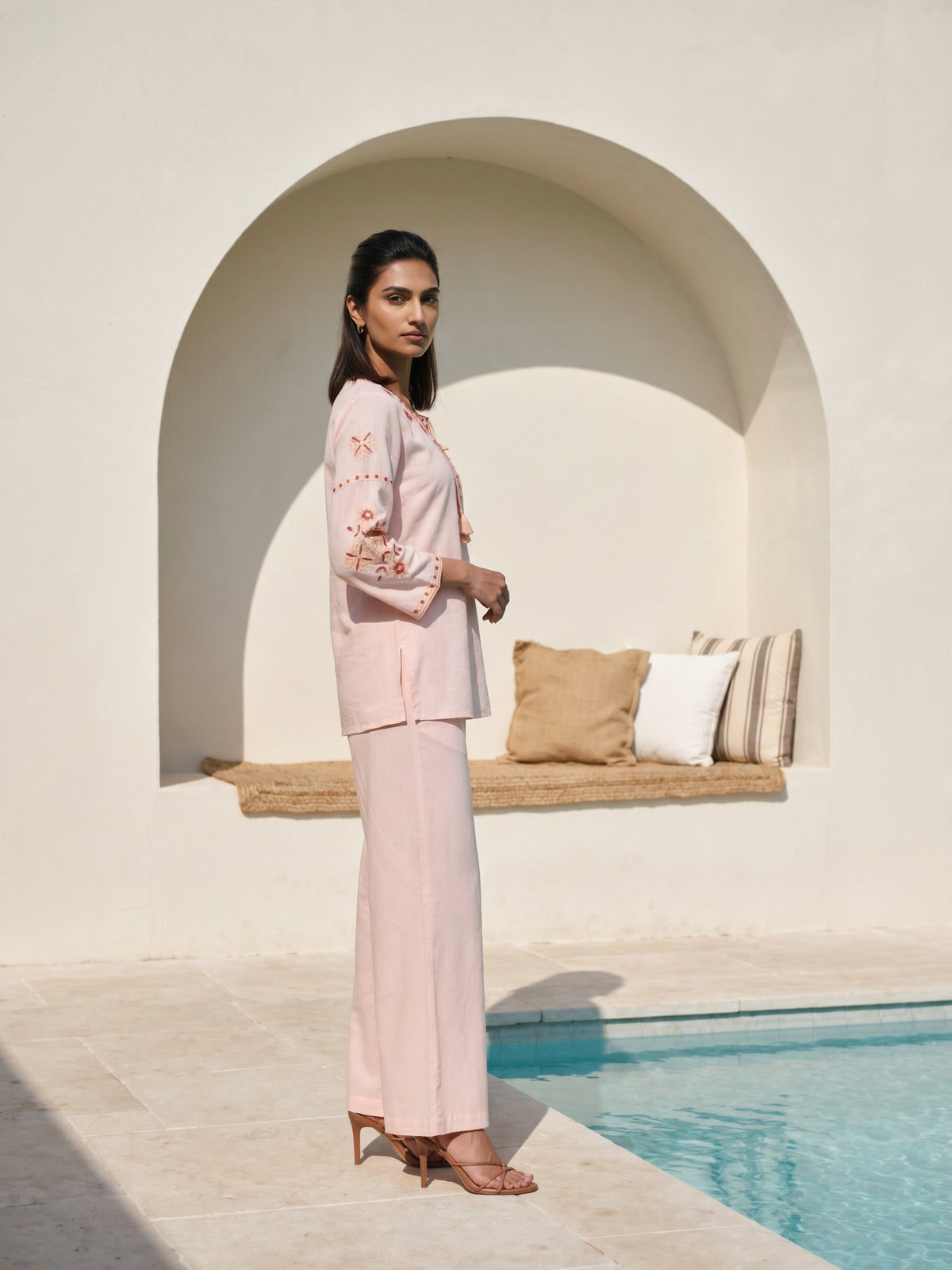Pastel Pink Embroidered Kurta Palazzo Co-ord Set
