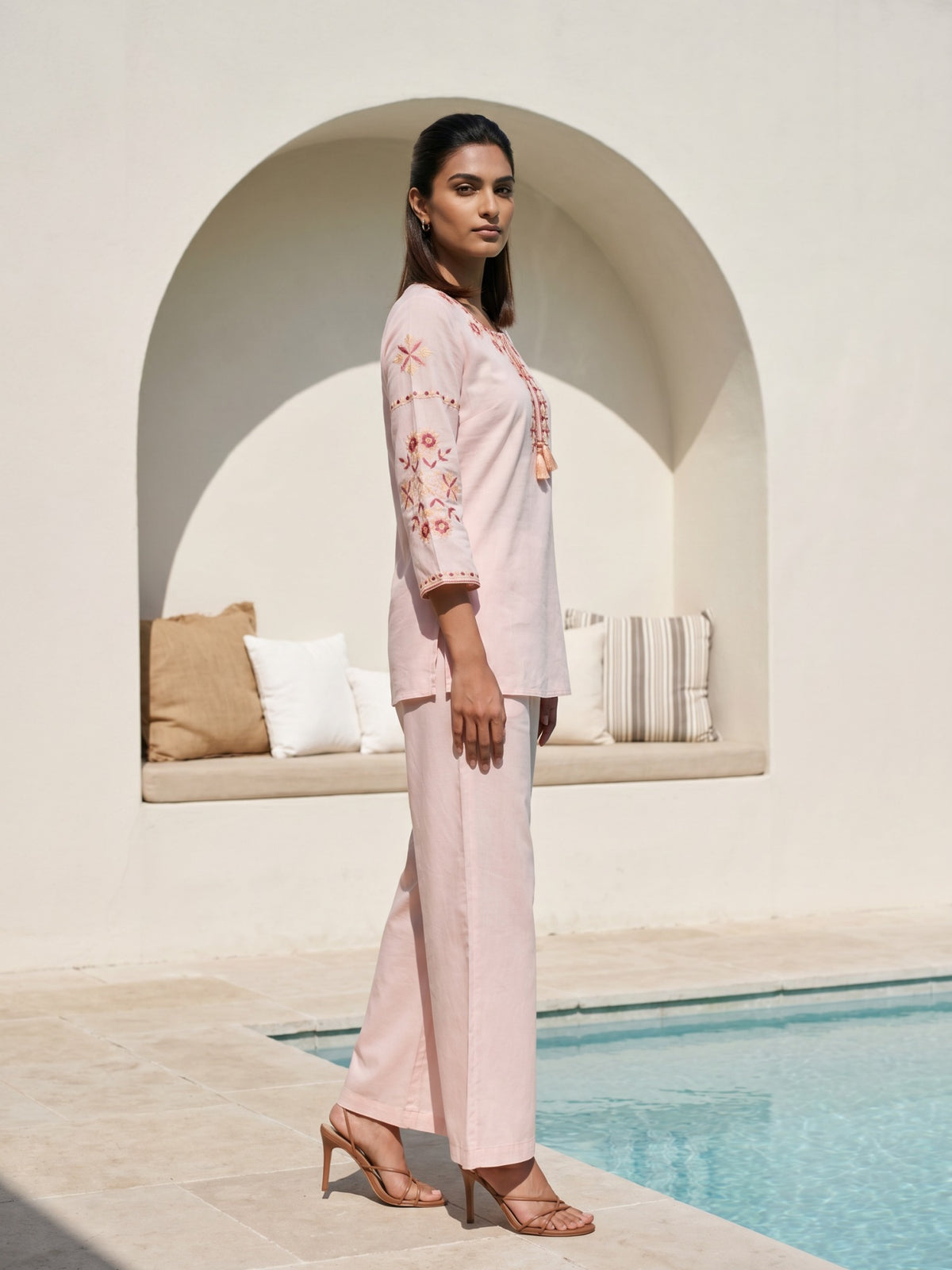 Pastel Pink Embroidered Kurta Palazzo Co-ord Set