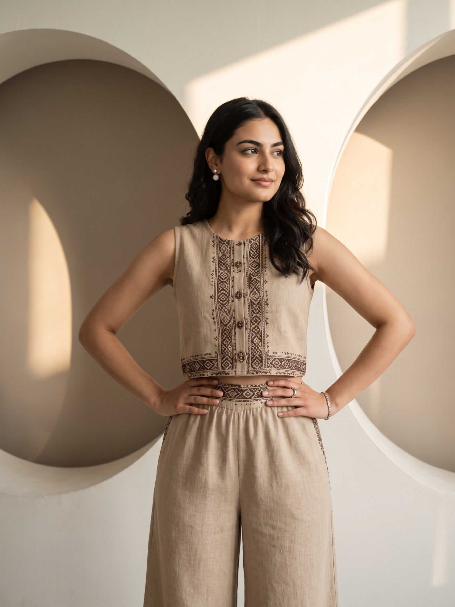 Sand Beige Geometric Embroidered Sleeveless Co-ord Set