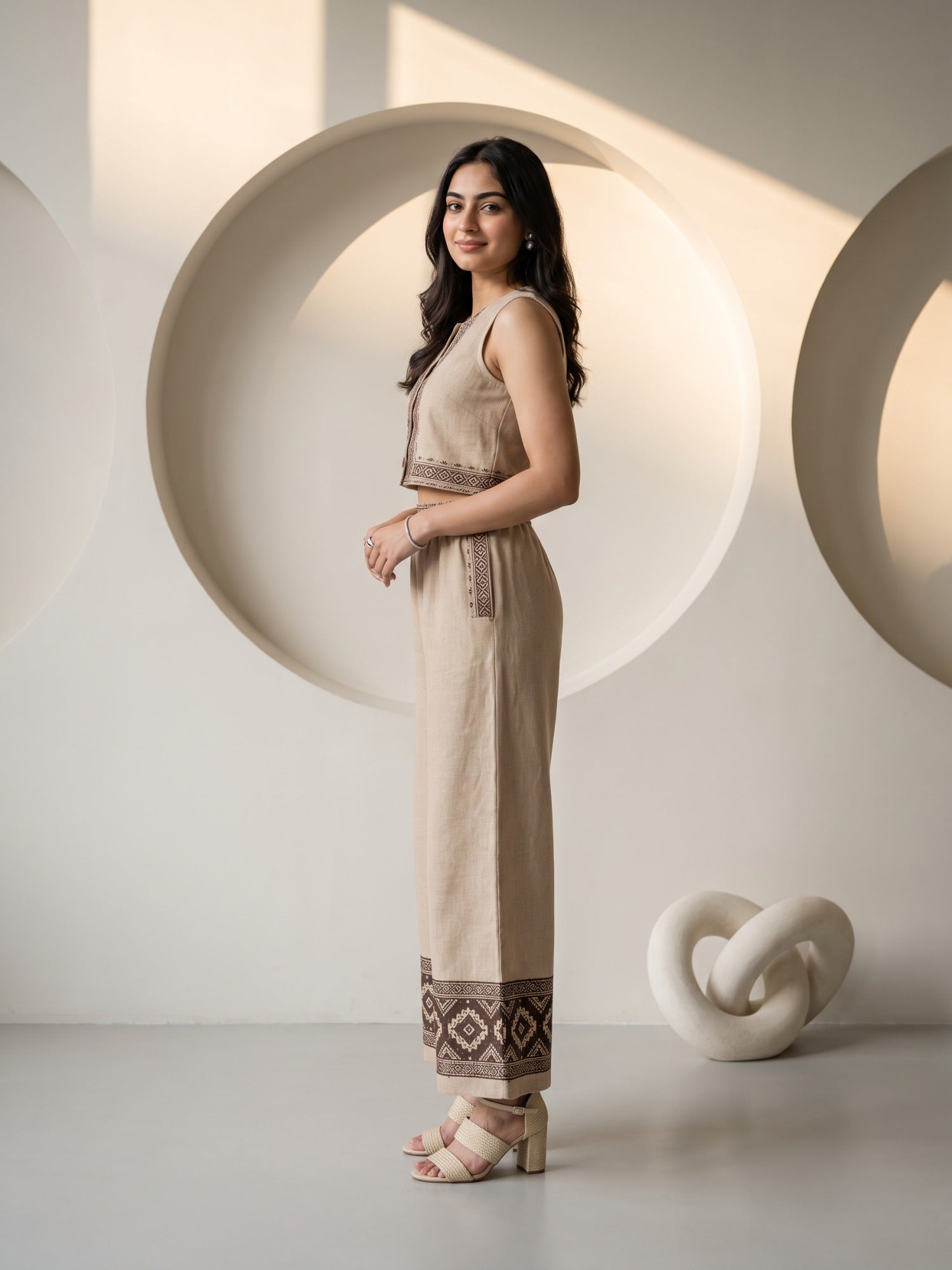 Sand Beige Geometric Embroidered Sleeveless Co-ord Set