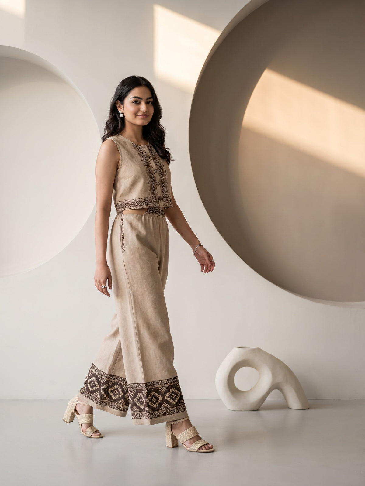 Sand Beige Geometric Embroidered Sleeveless Co-ord Set