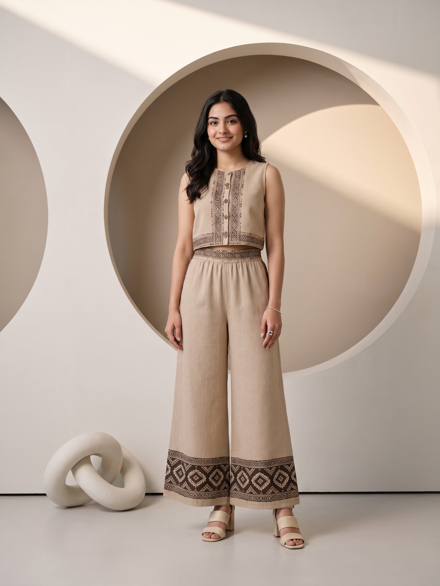 Sand Beige Geometric Embroidered Sleeveless Co-ord Set
