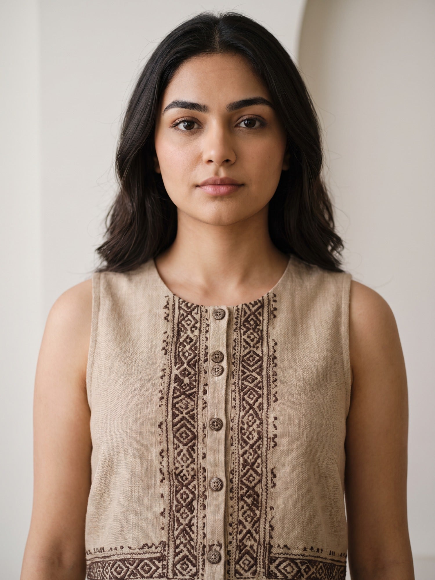 Sand Beige Geometric Embroidered Sleeveless Co-ord Set