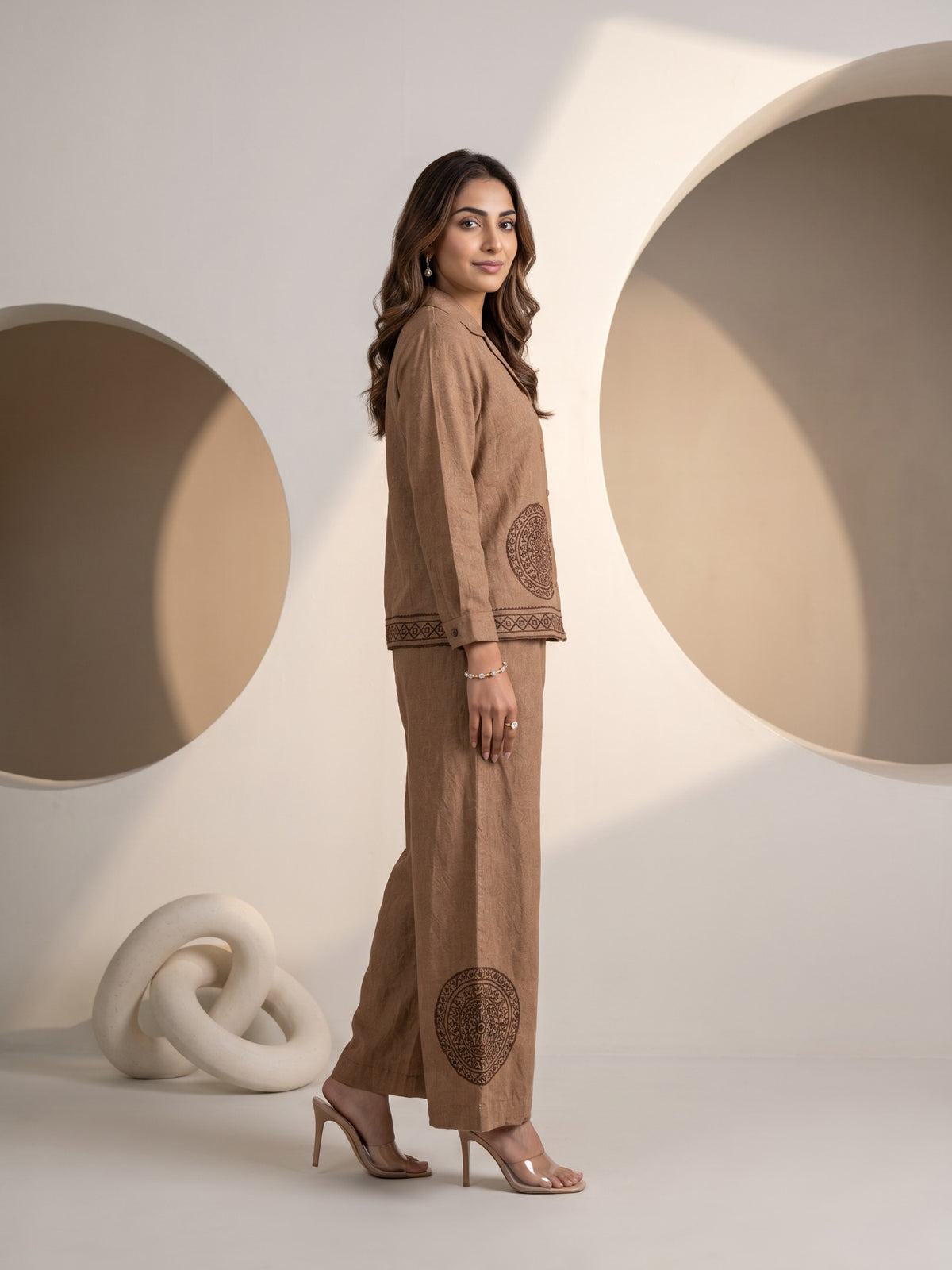 Cocoa Brown Geometric Embroidered Shirt Co-ord Set