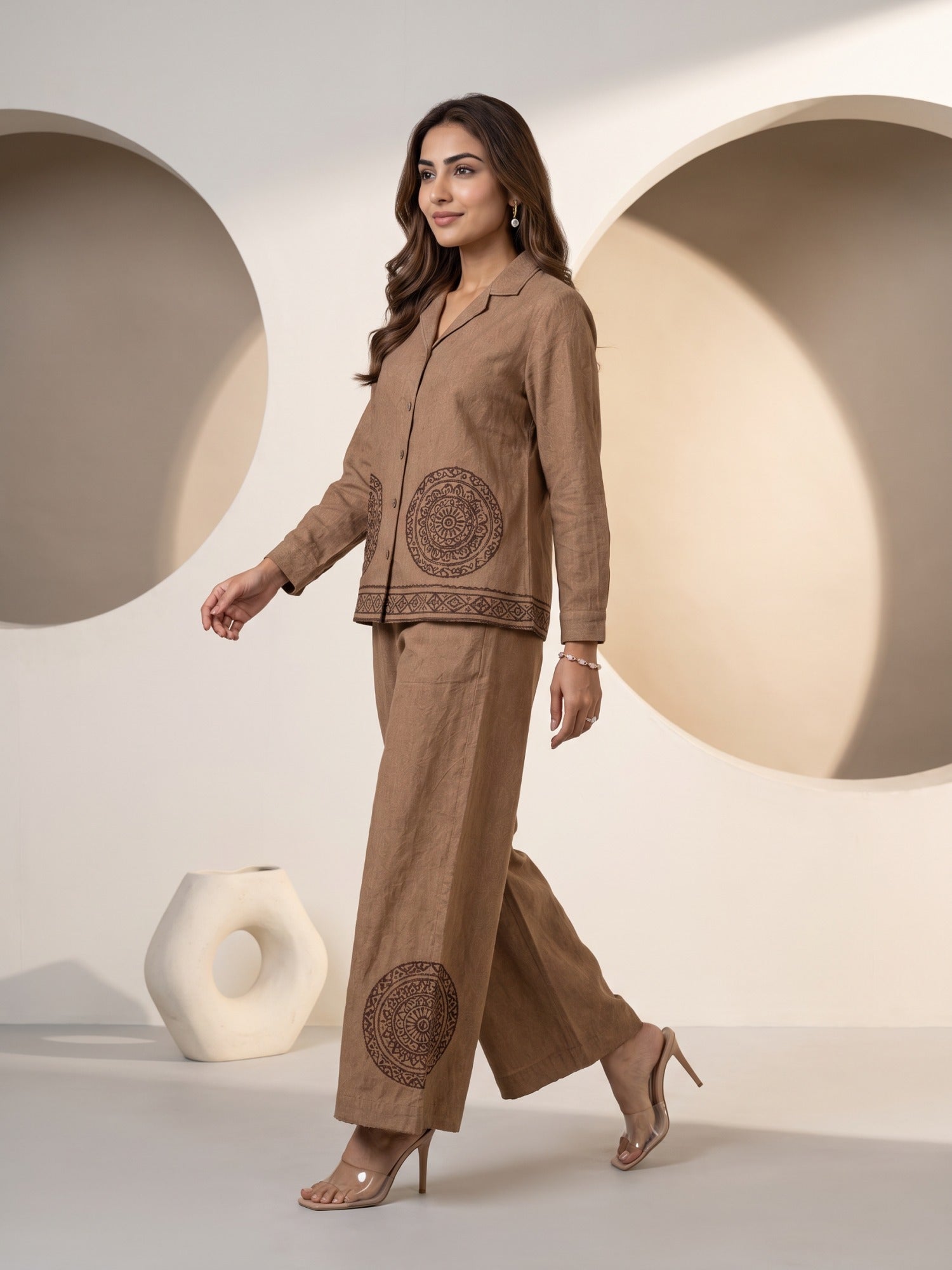 Cocoa Brown Geometric Embroidered Shirt Co-ord Set