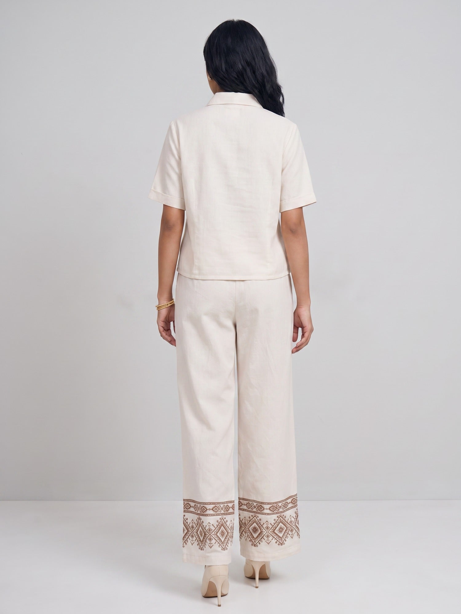 Cream Brown Embroidered Relaxed Two-Piece Co-ord Set