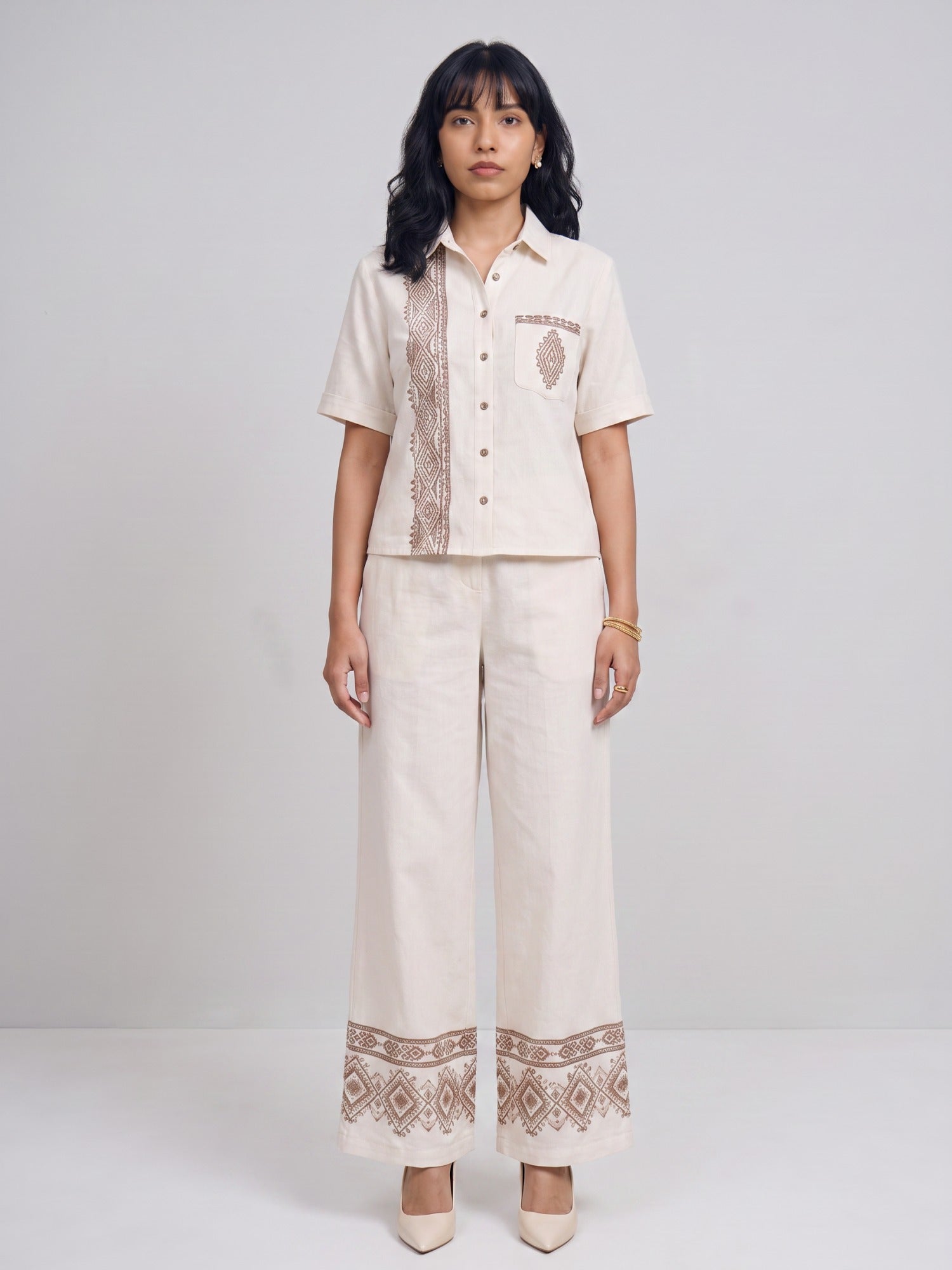 Cream Brown Embroidered Relaxed Two-Piece Co-ord Set