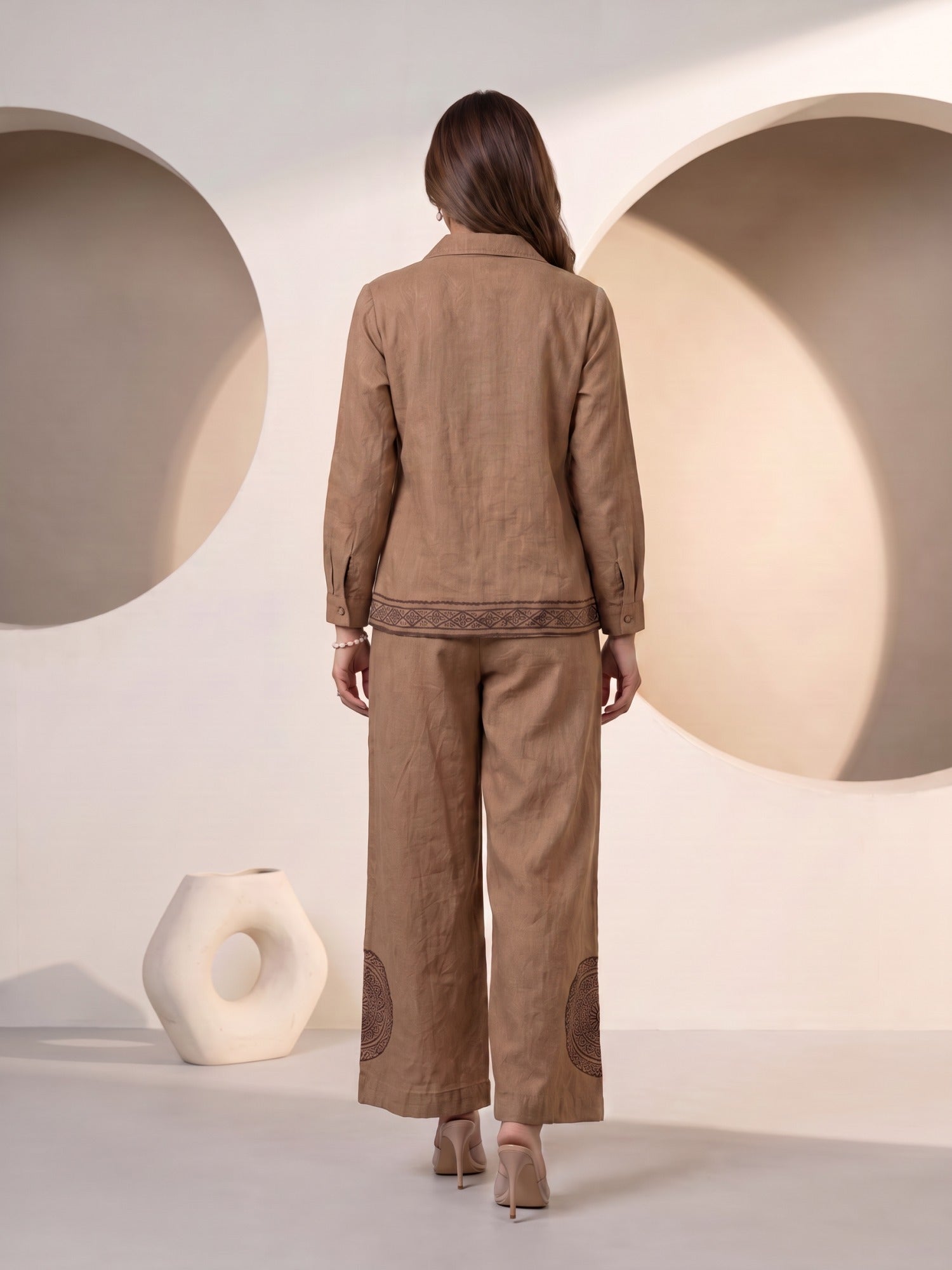 Cocoa Brown Geometric Embroidered Shirt Co-ord Set