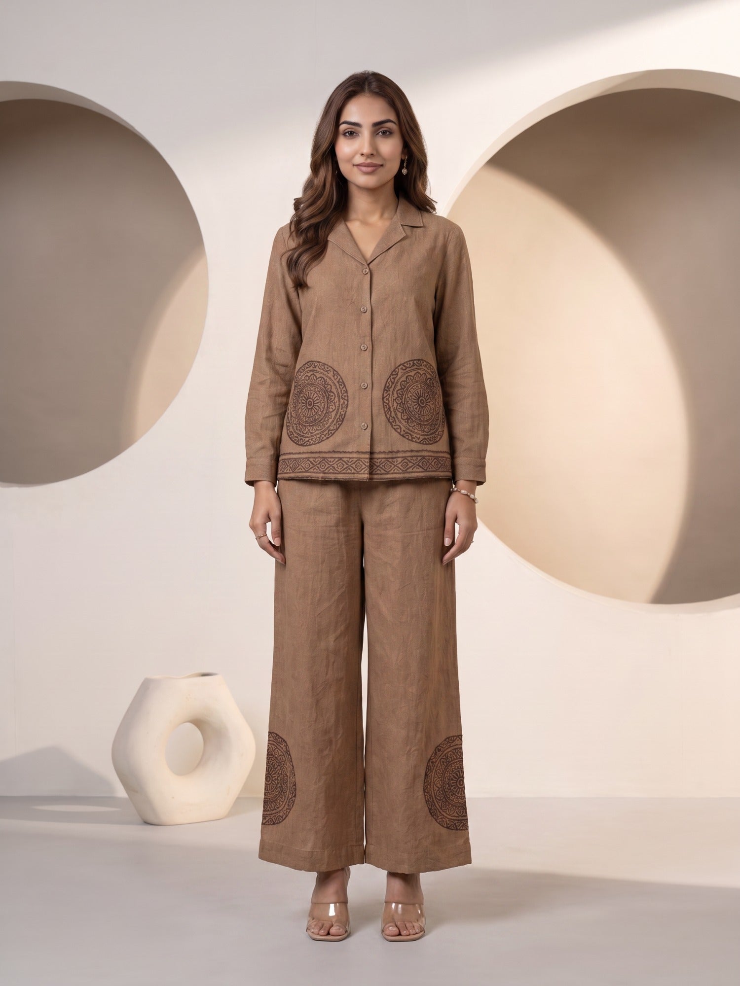 Cocoa Brown Geometric Embroidered Shirt Co-ord Set
