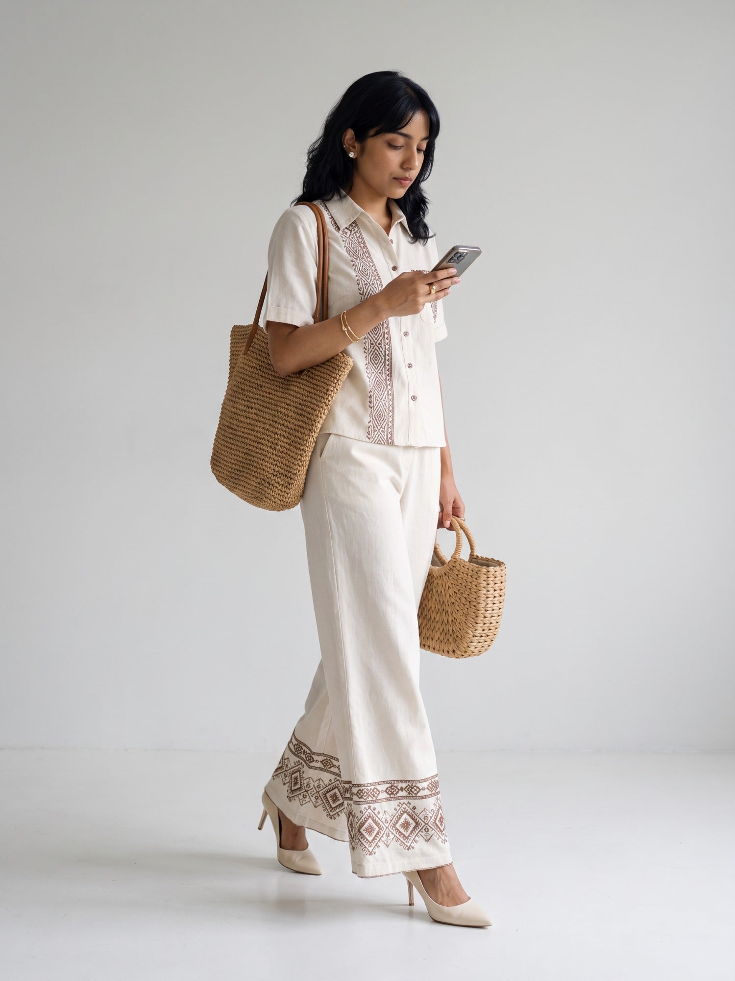 Cream Brown Embroidered Relaxed Two-Piece Co-ord Set